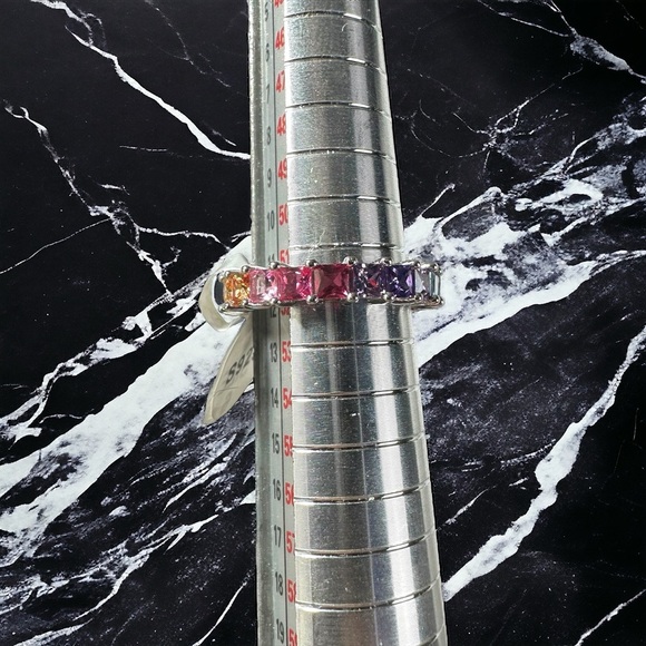 GM CN 925 Sterling Silver 3 mm Rainbow CZs Eternity Ring Size 6 Gay Pride 3g New - Picture 1 of 15